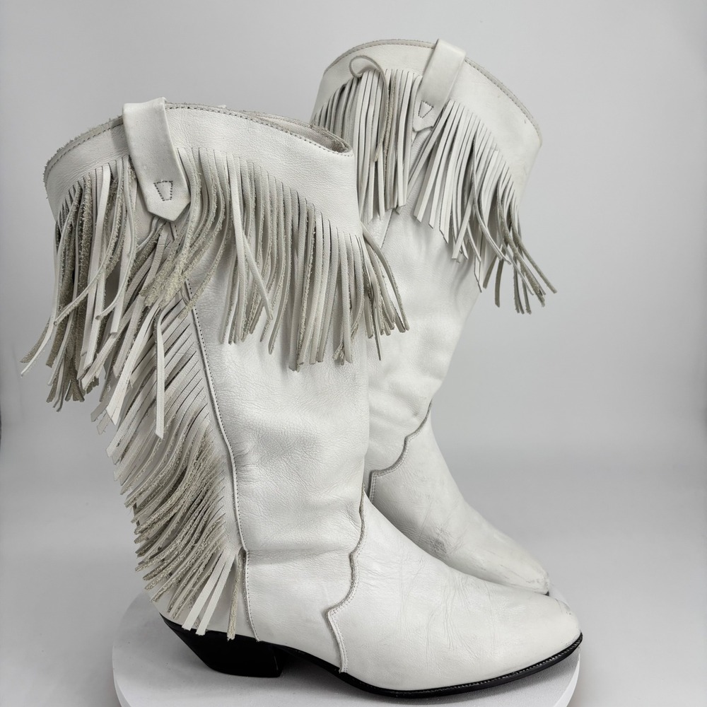 VTG Dingo White Leather Fringe Western Cowboy Boots Women 7.5 Boho Rodeo Pointed